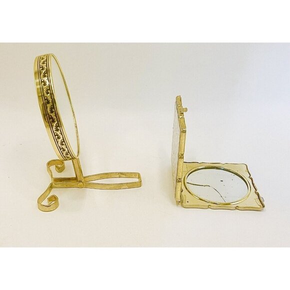 VINTAGE Vanity Mirrors Handheld/ Standing & Ditsy Floral Compact Japan Gold Tone - Picture 7 of 9